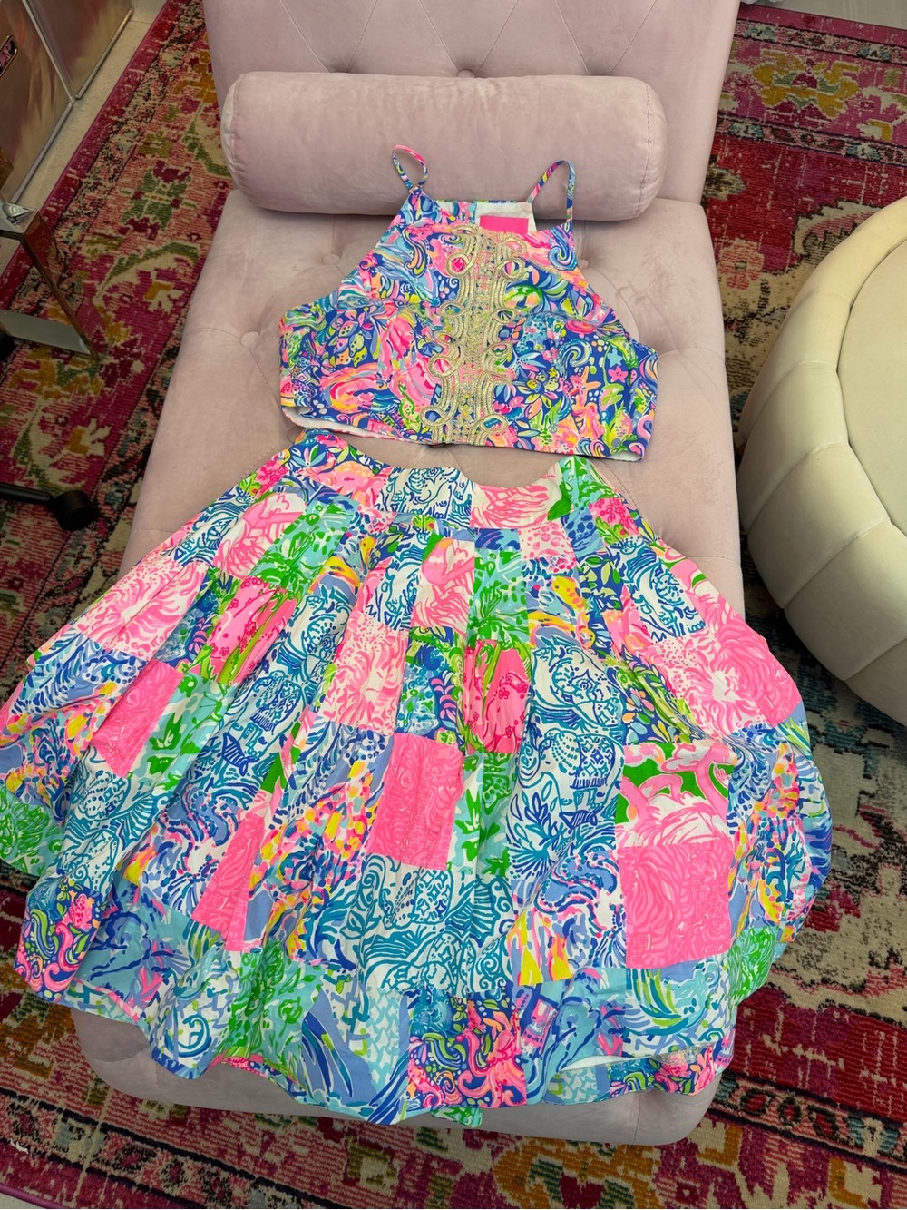 Lilly Pulitzer Neon Floral Patchwork Two-Piece Skirt Set - Pink, Blue, Green